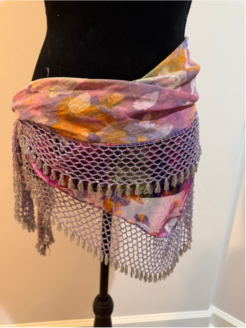 Bellydance beaded hipscarf in pink floral